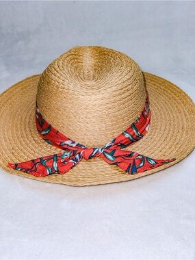 Vince Camuto Natural Straw Sun Hat with Red Floral Band size & Bow Beach Cruise